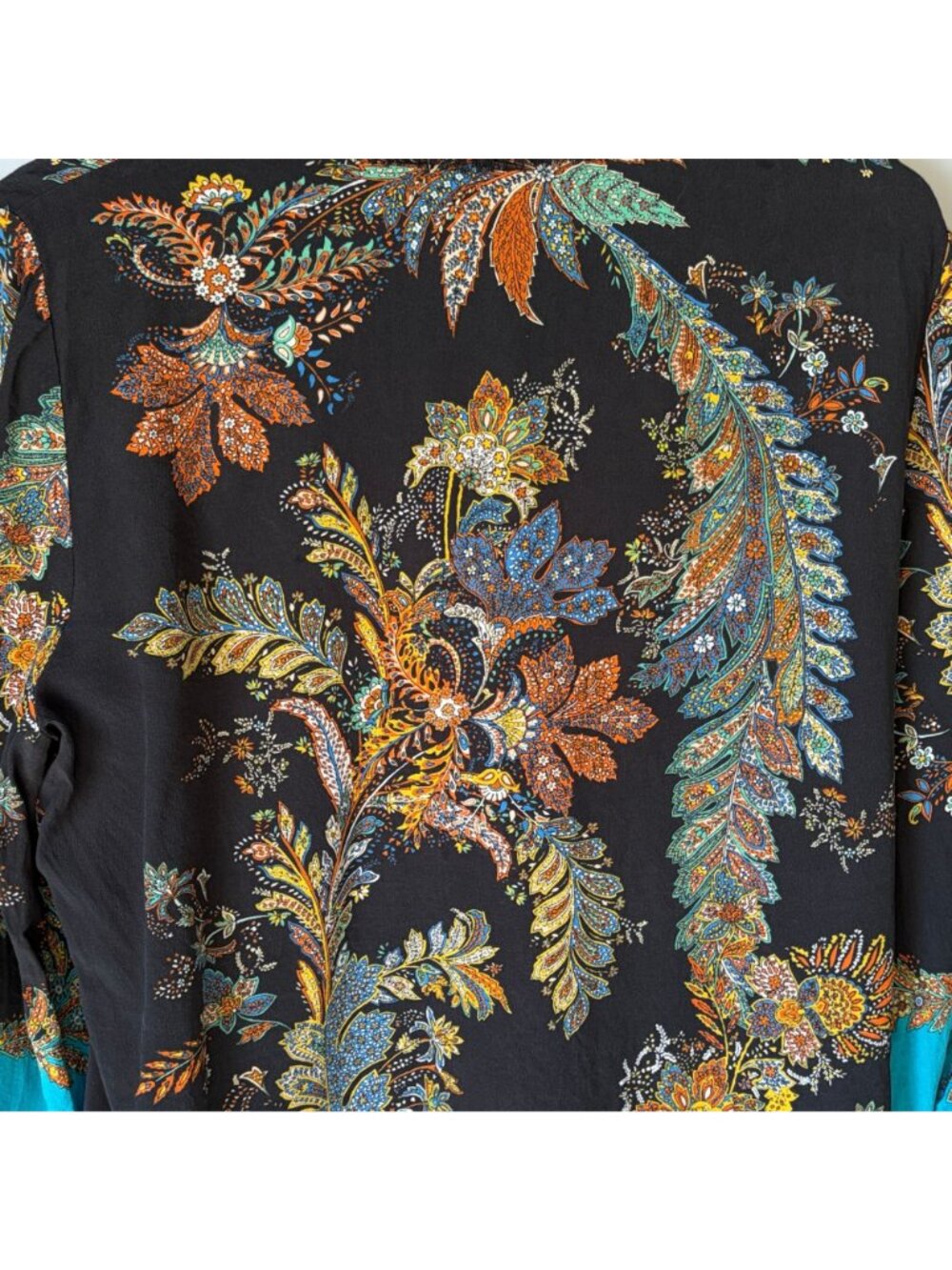Kobi Halperin Helen Silk Blouse Size L Black Paisley Boho Ruffle Sleeve Tie Neck - Picture 9 of 11